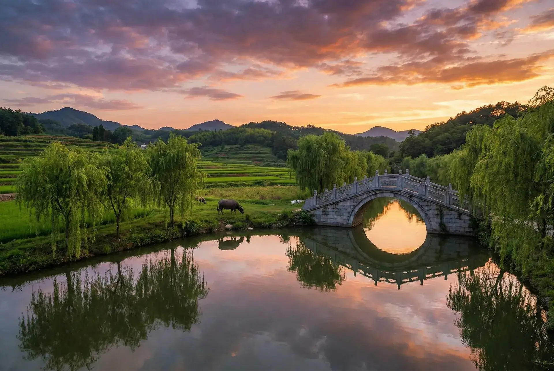 夕阳下的石拱桥与垂柳，水牛在河边吃草 - 男团共享物by不必南下txt 乡村美景